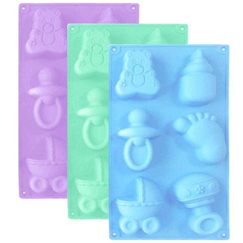 DanziX 3 Pack Baby Shower Soap Silicone Mold, DanziX Baby Carriage Feeding Bottle Little Feet Bear Pacifier Silicone Fondant Mold for Sugarcraft,Cake Decoration,Chocolate-Purple,Blue,Green - Image 1